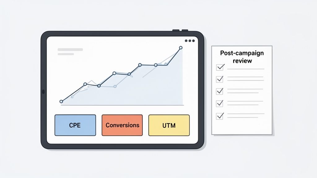 A tablet displays marketing analytics with a rising graph, 'CPE', 'Conversions', 'UTM' buttons, and a 'Post-campaign review' checklist.