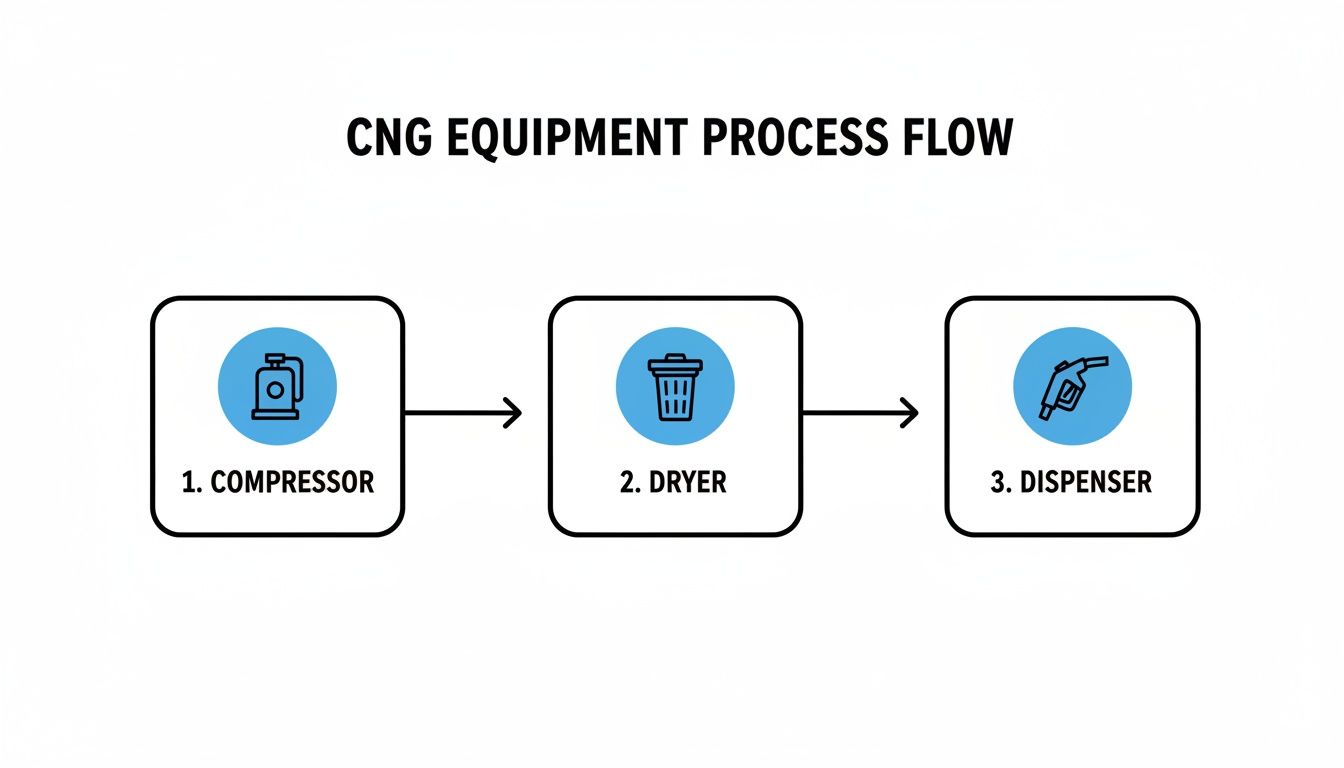 A flow chart illustrating the CNG equipment process, showing Compressor, Dryer, and Dispenser in sequence.