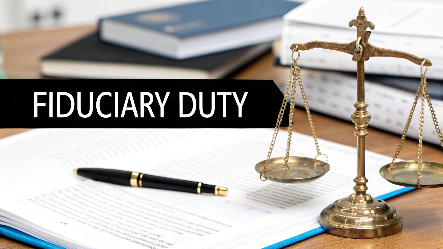 A desk setting with legal documents, a pen, stacked books, and a scale of justice, with 'FIDUCIARY DUTY' text.