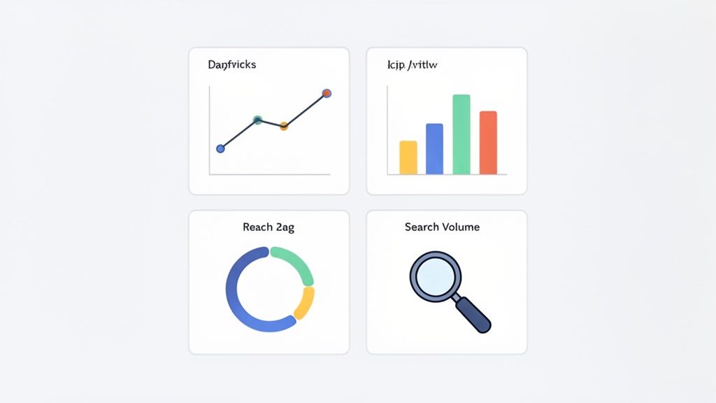 A dashboard displaying various data visualizations, including line, bar, and donut charts, and a search icon.