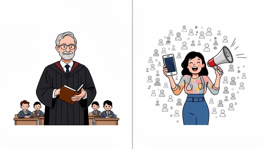 Image contrasting a judge in a courtroom with a woman using a phone and megaphone for digital marketing. The image alt text is: a judge versus a digital marketer, illustrating the difference between a KOL and an influencer for kol in marketing campaigns.