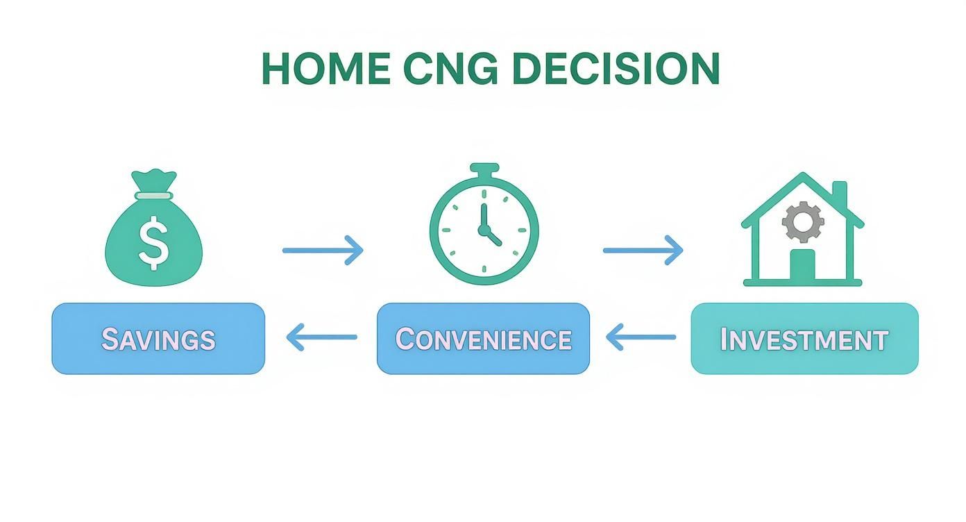 Flowchart illustrating the home CNG decision factors: savings, convenience, and investment.