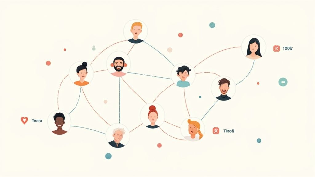 A network of diverse influencers connected, symbolizing the power of micro-influencer communities.