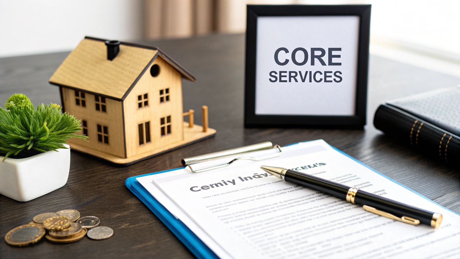 A desk with a model house, potted plant, coins, document, pen, and a frame saying 'CORE SERVICES'.