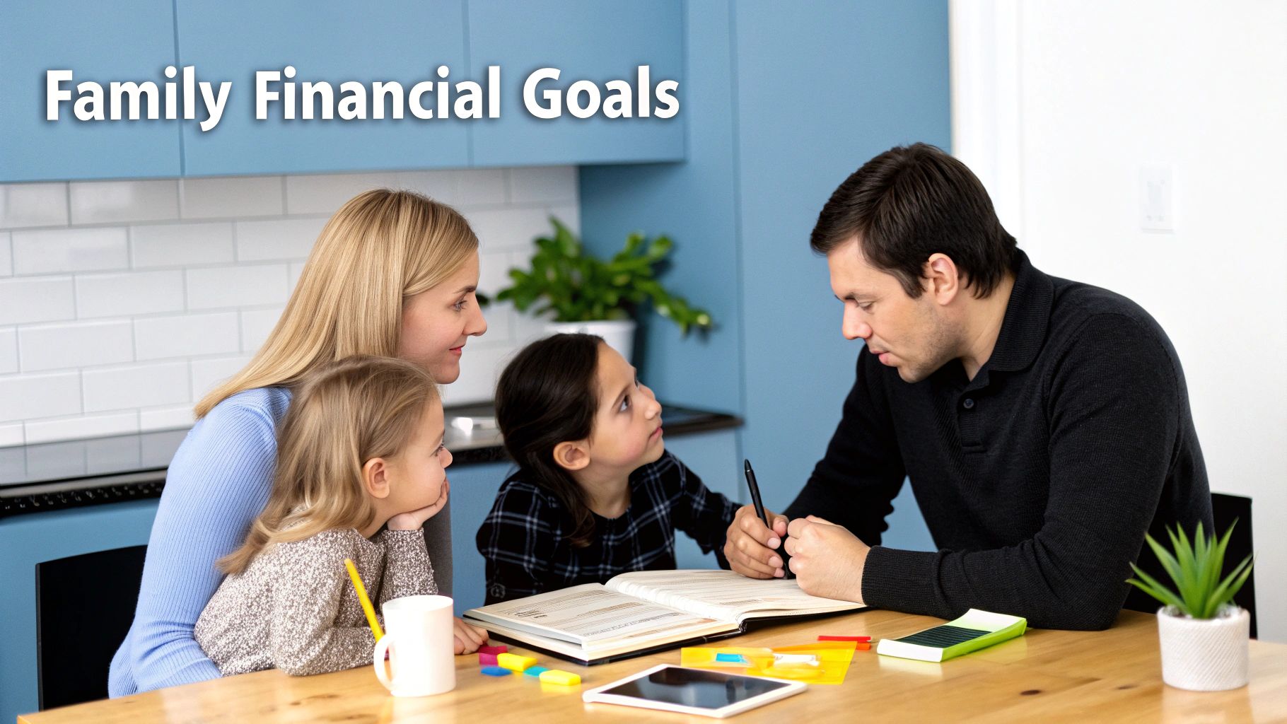 Family discusses financial goals at a table, with father writing, while mother and daughters observe.