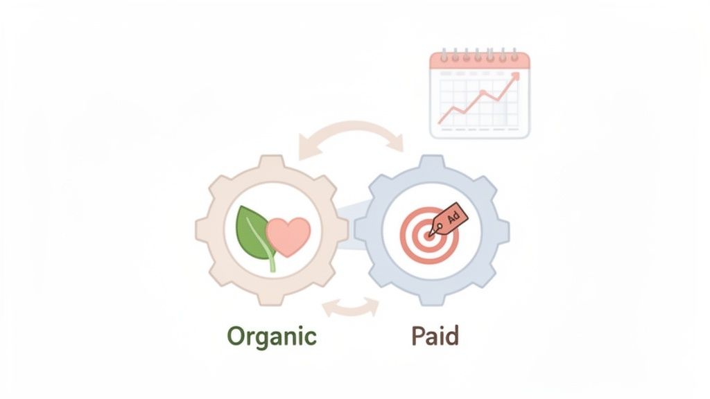 Two gears labeled 'Organic' and 'Paid' represent a cyclical marketing strategy leading to growth over time.