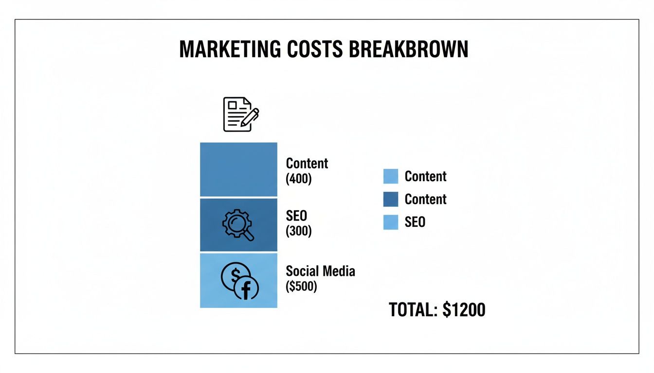 Marketing costs breakdown showing expenses for Content, SEO, and Social Media totaling $1200.