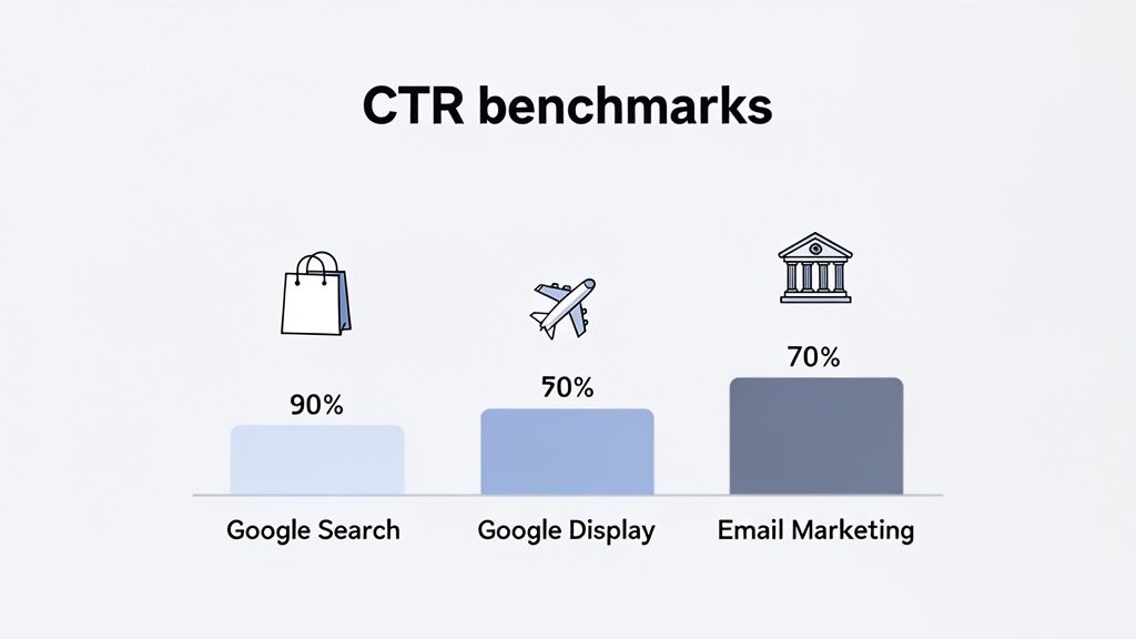 Bar chart displaying CTR benchmarks: Google Search 90%, Google Display 50%, and Email Marketing 70%.