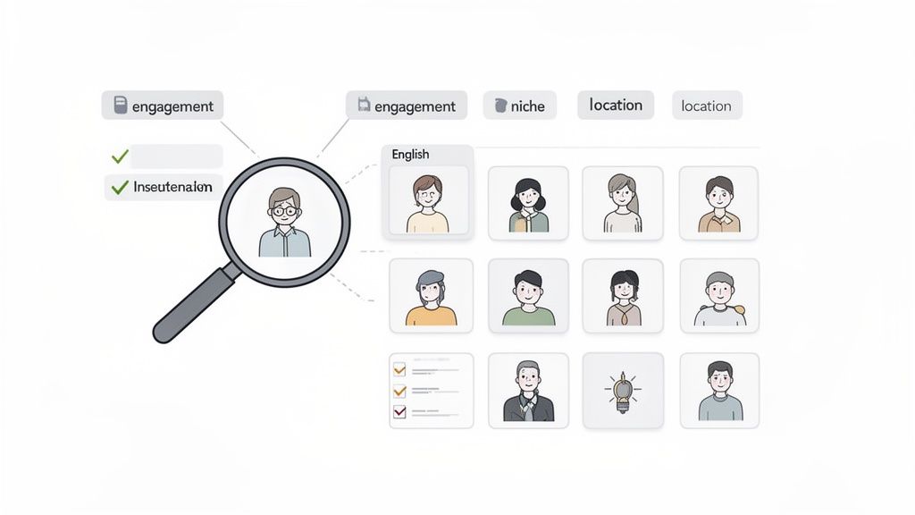 An illustration of a magnifying glass over a person, surrounded by search criteria and diverse user avatars, illustrating the process of finding partners according to the micro influencers definition.