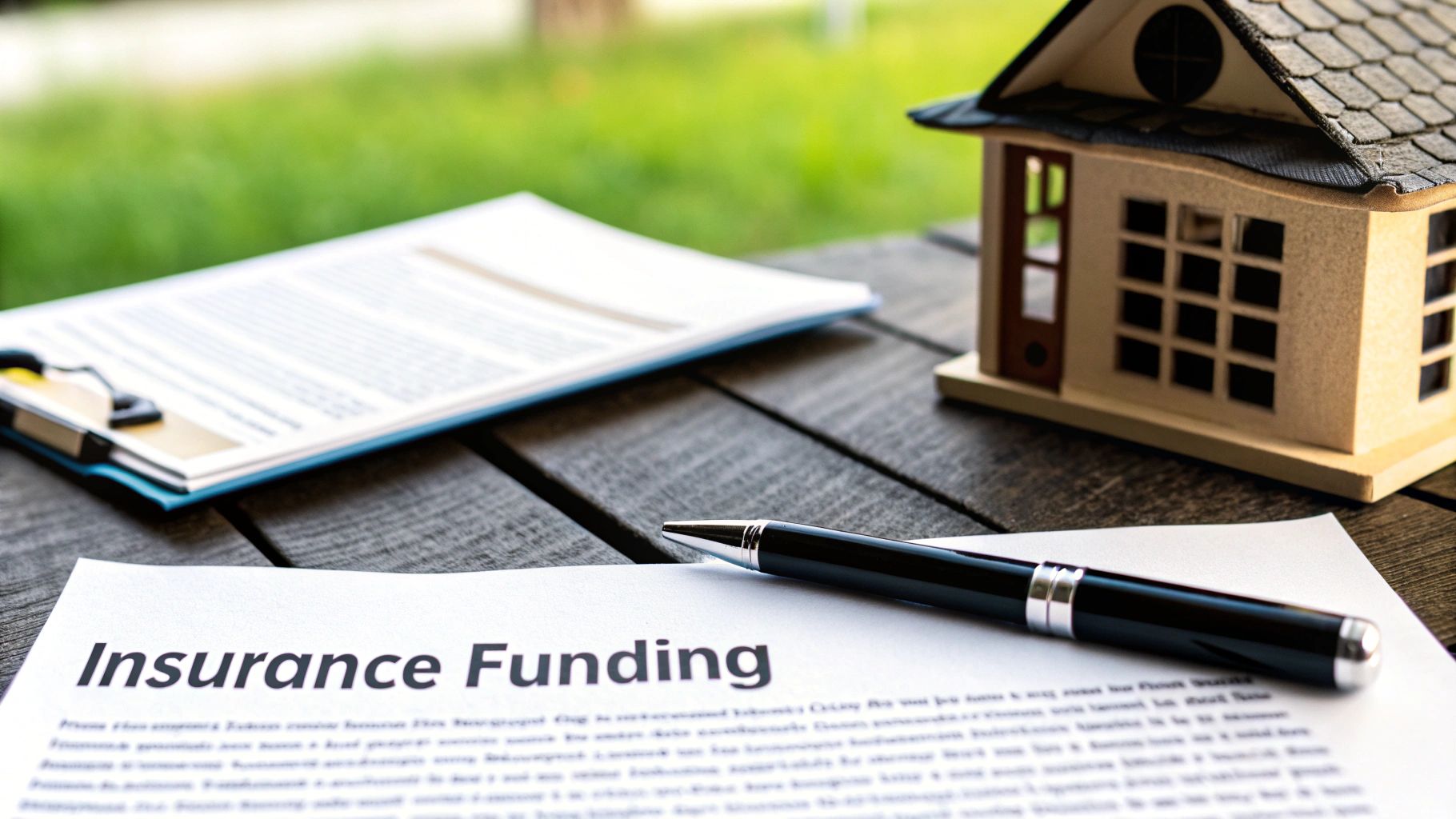 Close-up of 'Insurance Funding' document, a pen, and a miniature house on a wooden table.