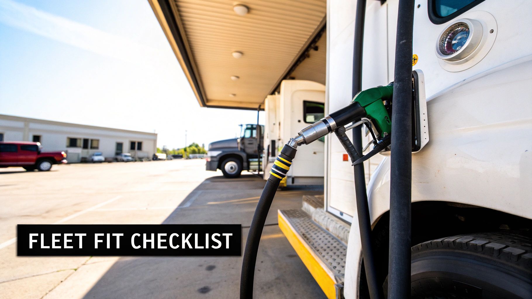 A close-up of a fuel nozzle filling a large white truck at a commercial gas station.