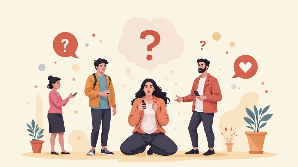 A diverse group of people on their smartphones, actively engaged in social media communication and community questions.