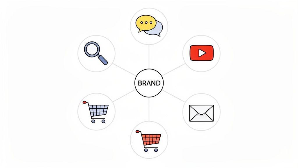A diagram showing a central 'BRAND' connected to search, social media, video, email, and e-commerce channels.