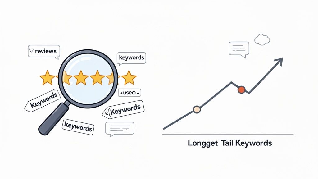 Illustration showing a magnifying glass analyzing keywords and reviews for SEO, alongside a graph demonstrating the growth of long-tail keywords.