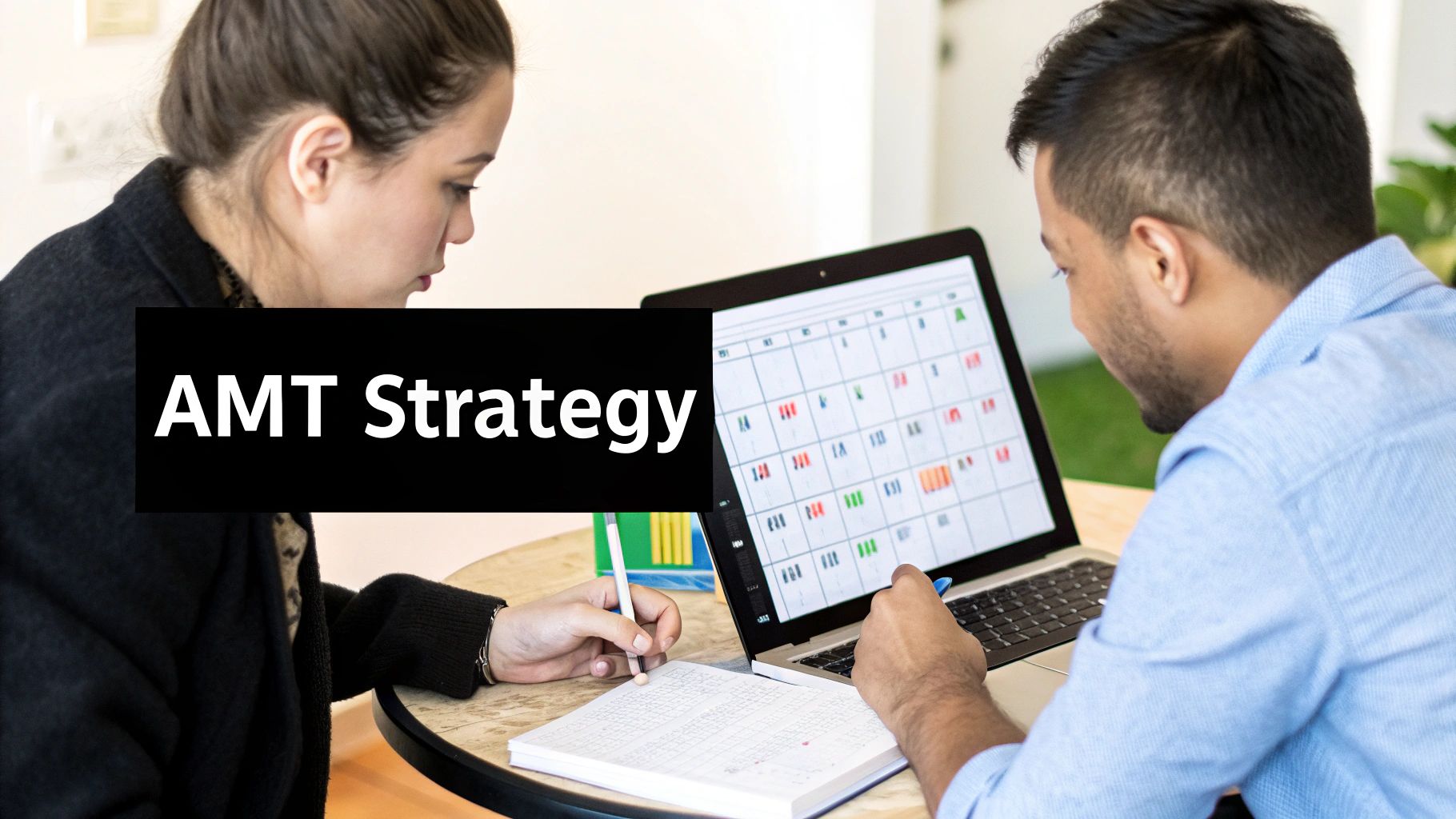 Two people collaborating on a laptop displaying a laptop displaying a calendar, discussing AMT strategy with notes.