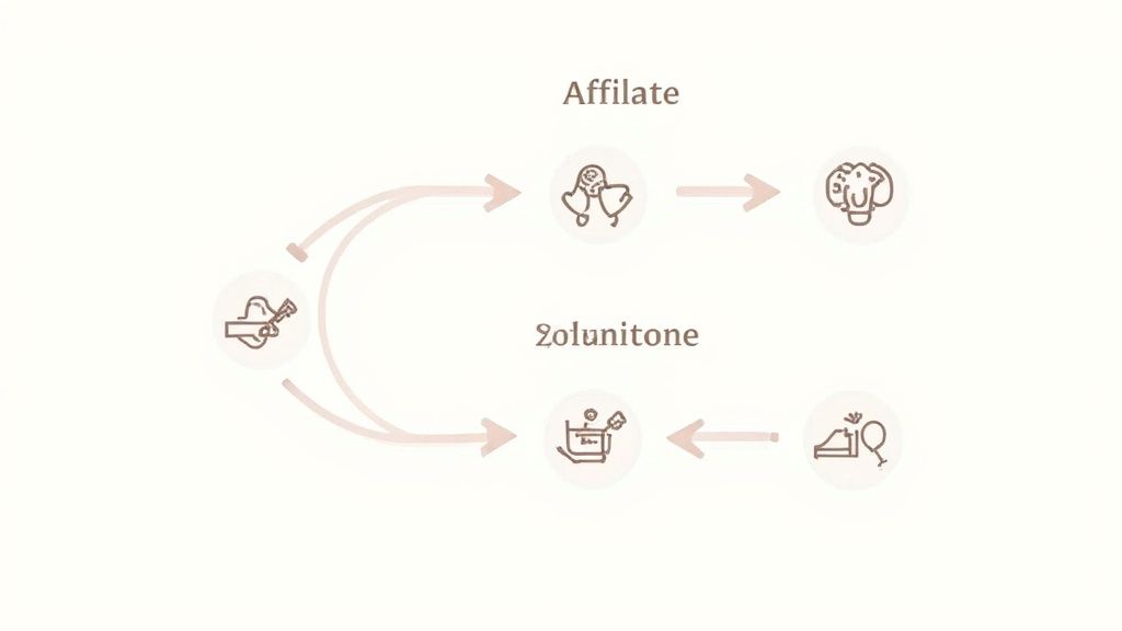 Affiliate marketing cycle diagram showing customer journey from discovery through purchase and commission in the affiliate marketing vs influencer marketing process.