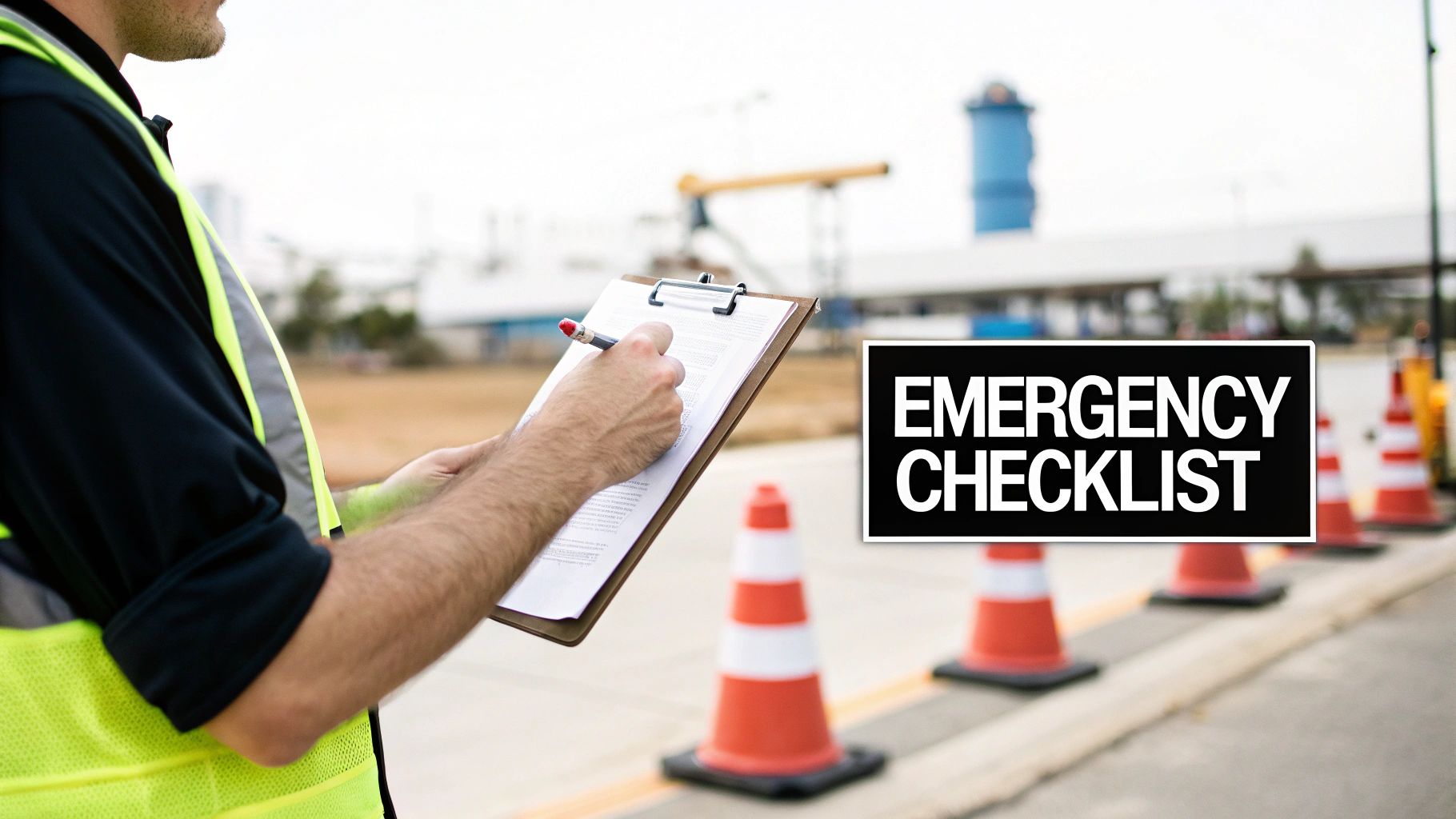 A man in a hi-vis vest writing on an emergency checklist with safety cones.