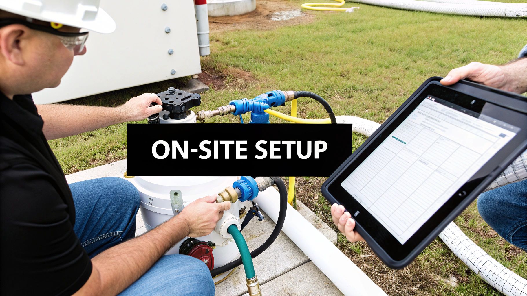 Two technicians performing on-site equipment setup, connecting hoses while one uses a tablet for data.