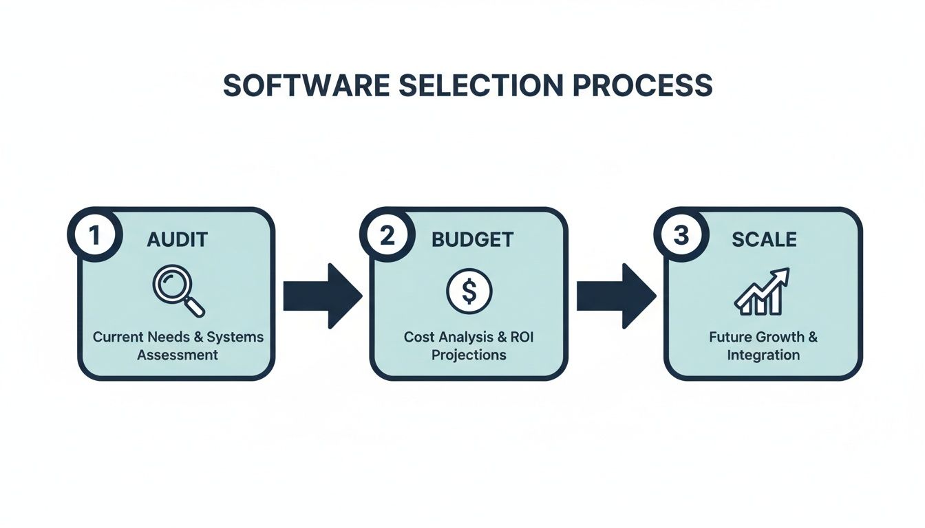 A three-step diagram outlining the software selection process: Audit, Budget, and Scale.