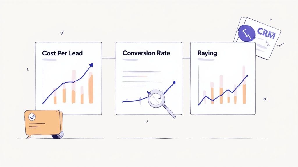 An illustration of a dashboard with various charts and graphs, representing the tracking and analysis of lead generation metrics.