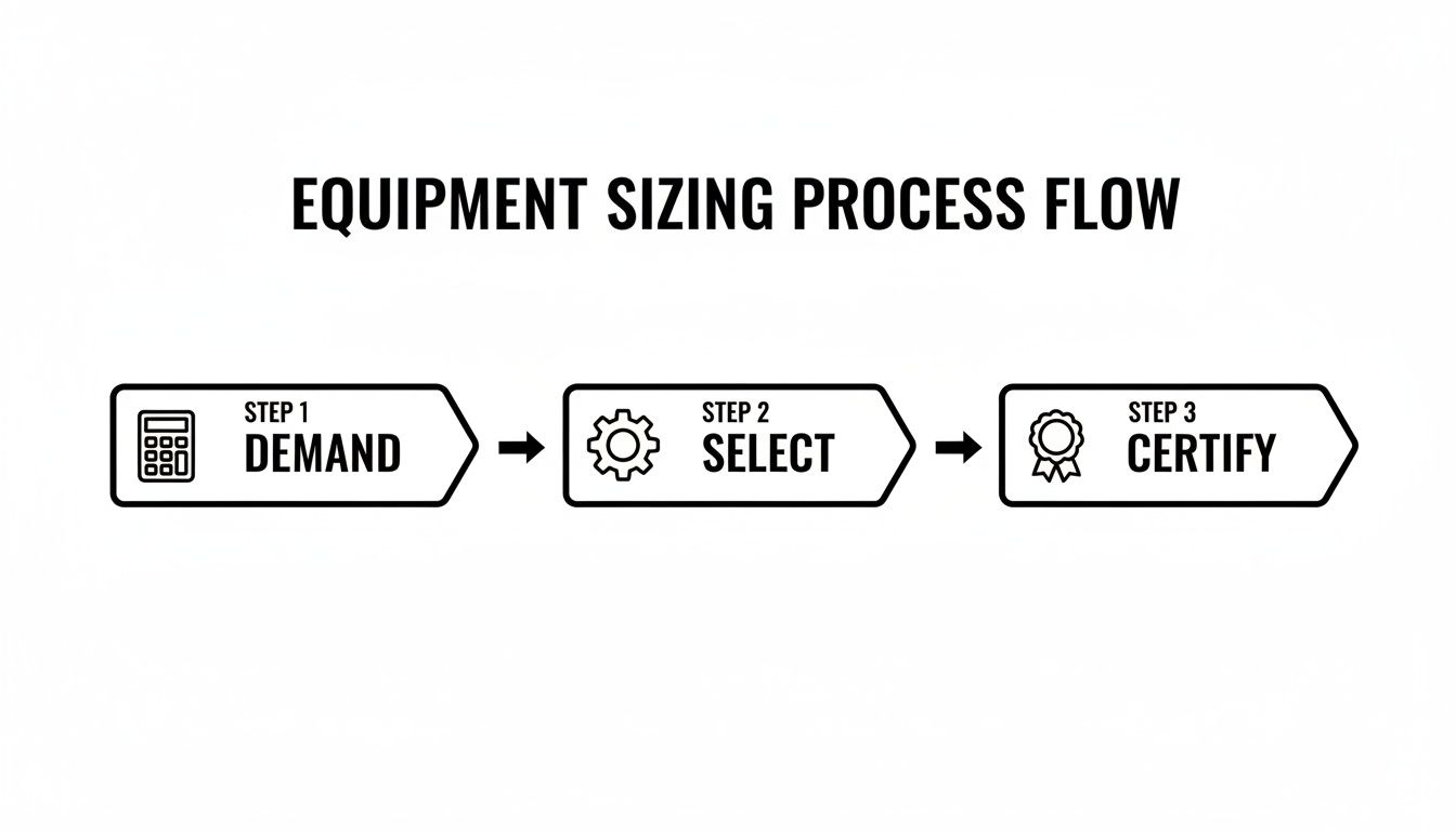 Equipment sizing process flow diagram with steps for demand, selection, and certification, shown with icons.