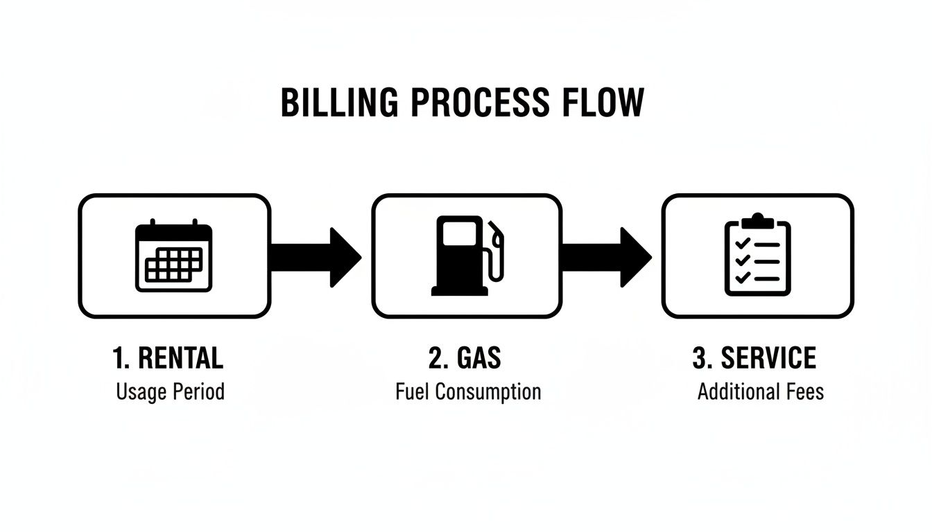 Billing process flow diagram outlining rental usage period, gas consumption, and additional service fees.