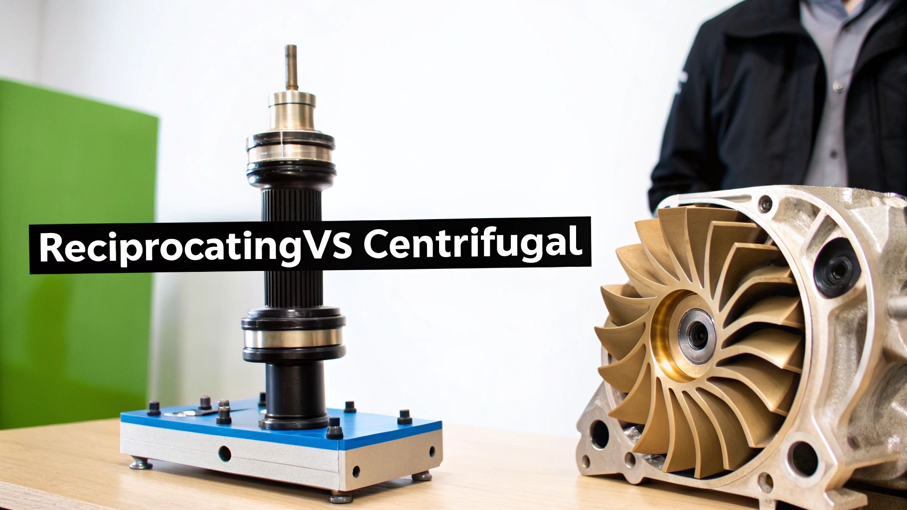 A reciprocating shaft on a blue base next to a centrifugal impeller in its casing, highlighting their differences.