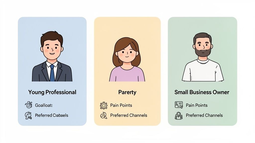 Three customer profiles illustrated: Young Professional, Parerty, and Small Business Owner, showing key attributes.