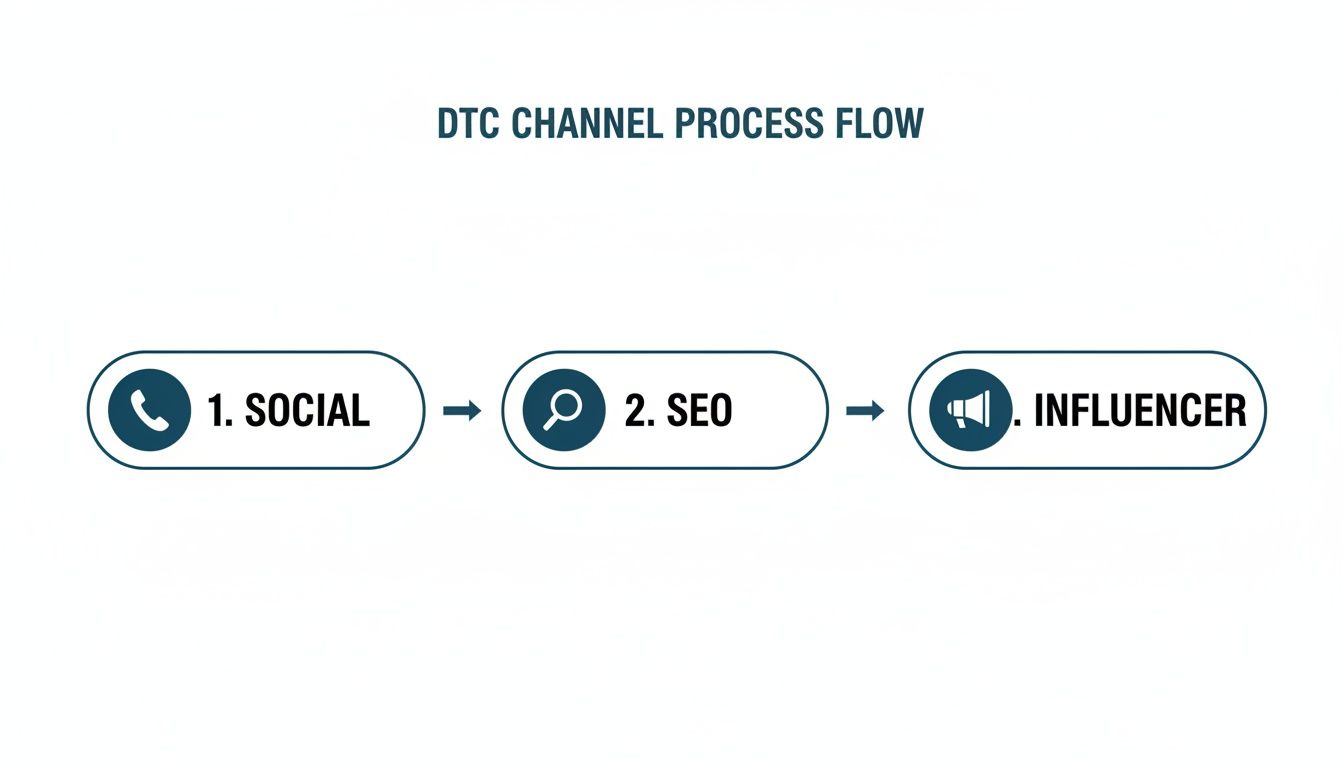 DTC channel process flow diagram illustrating social media, SEO, and influencer marketing steps.