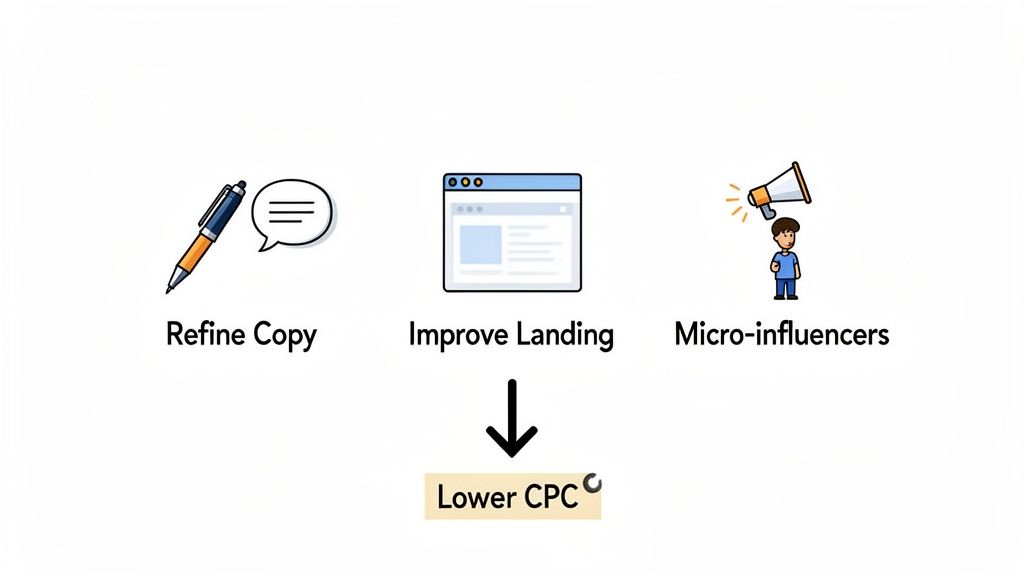 Diagram illustrating three methods to reduce Cost Per Click (CPC): refine copy, improve landing, and utilize micro-influencers.