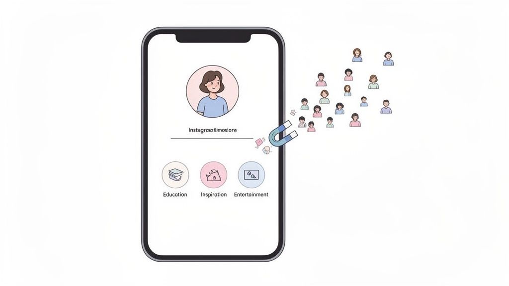A smartphone screen with an Instagram profile and a magnet attracting many small user icons representing how to grow Instagram followers organically.