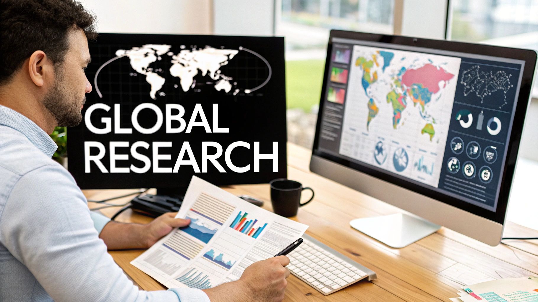Man analyzing global research data with charts on paper and computer monitors.