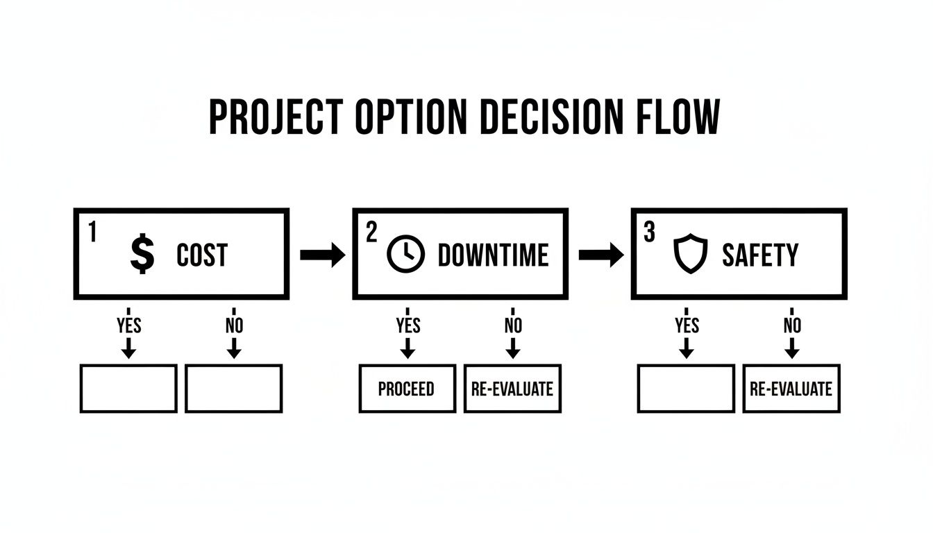 Flowchart outlining a project option decision process based on cost, downtime, and safety evaluations.