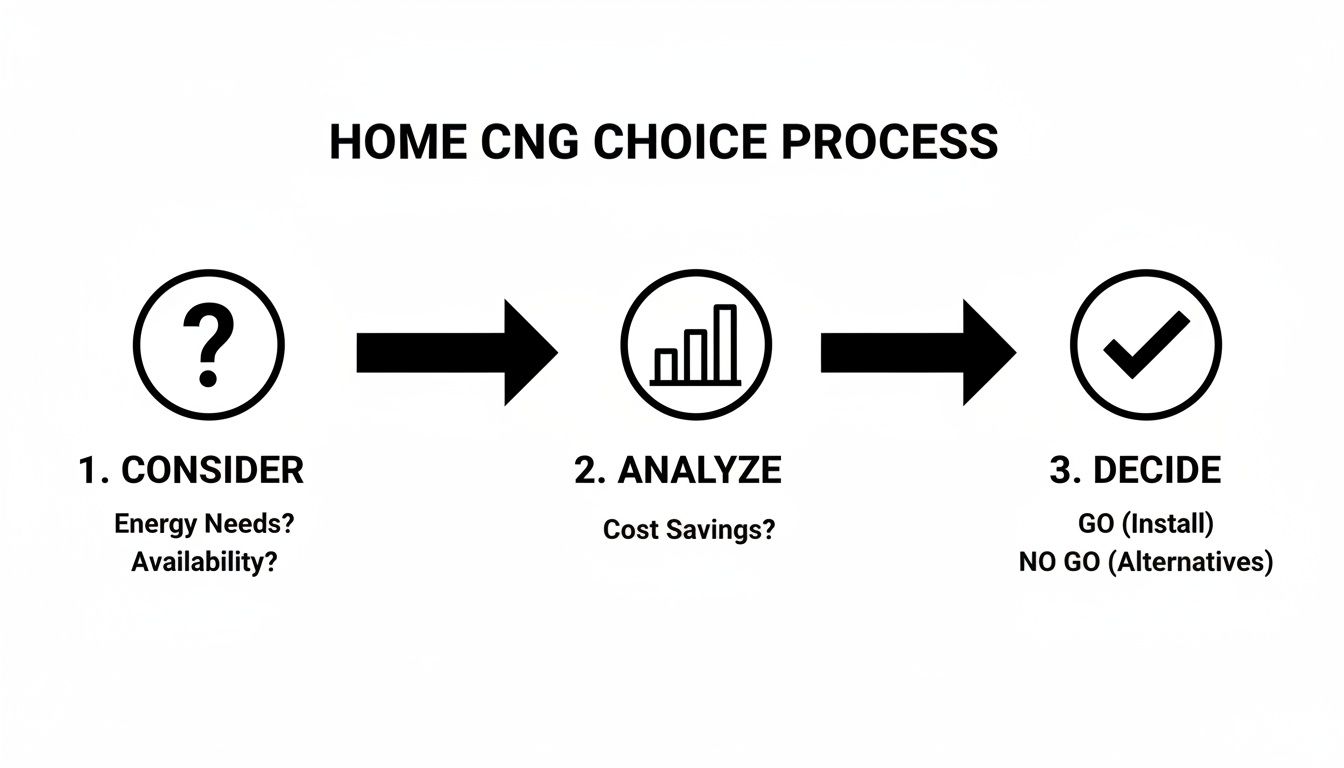 Flowchart illustrating the home CNG choice process, from considering needs to analyzing costs and deciding.