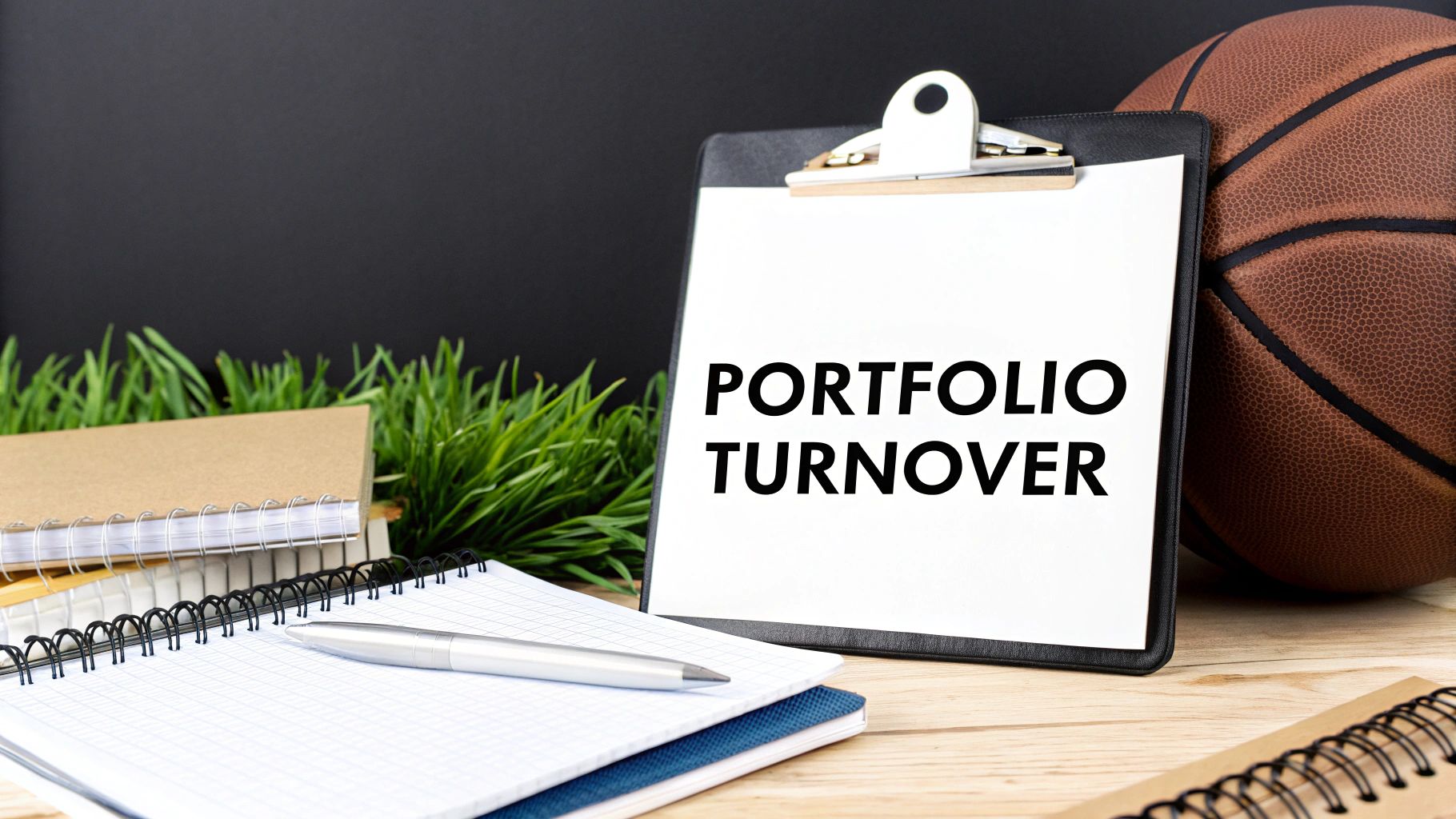 Clipboard with 'PORTFOLIO ' text, basketball, notebooks, and a pen on a wooden desk.