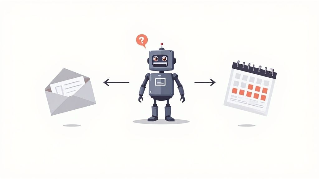 A person using a laptop with icons representing automation and marketing tools floating around them