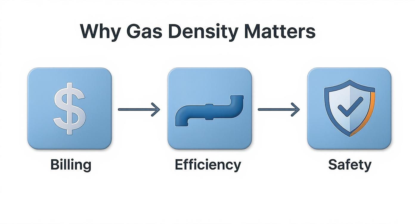 A diagram titled 'Why Gas Density Matters' illustrating its impact on billing, efficiency, and safety.