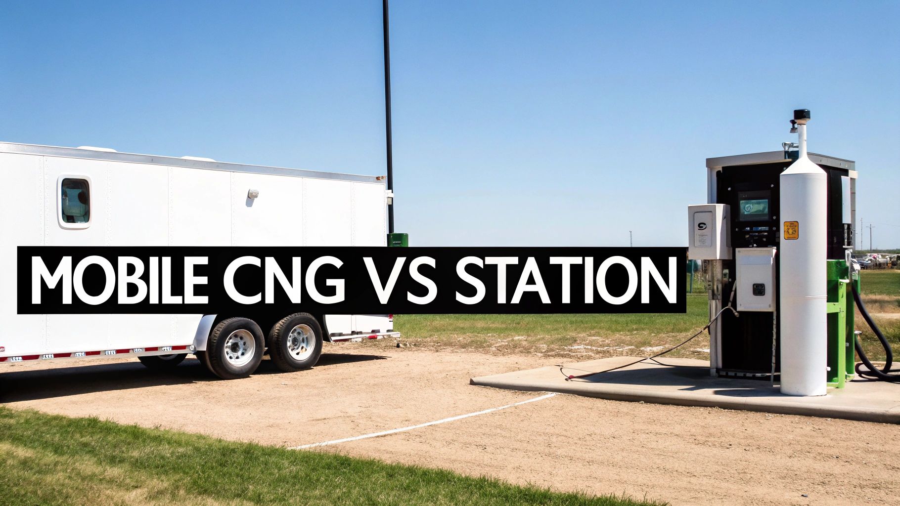 A side-by-side view of a mobile CNG fueling trailer and a stationary CNG gas station under a clear sky.