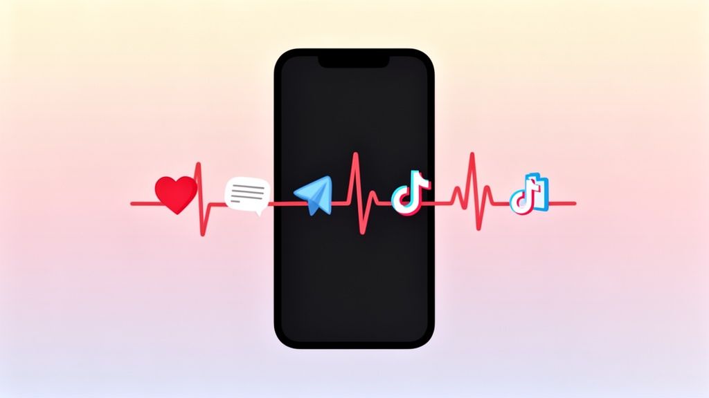 A smartphone displaying social media icons and a heartbeat, illustrating the concept of healthy TikTok engagement rates.