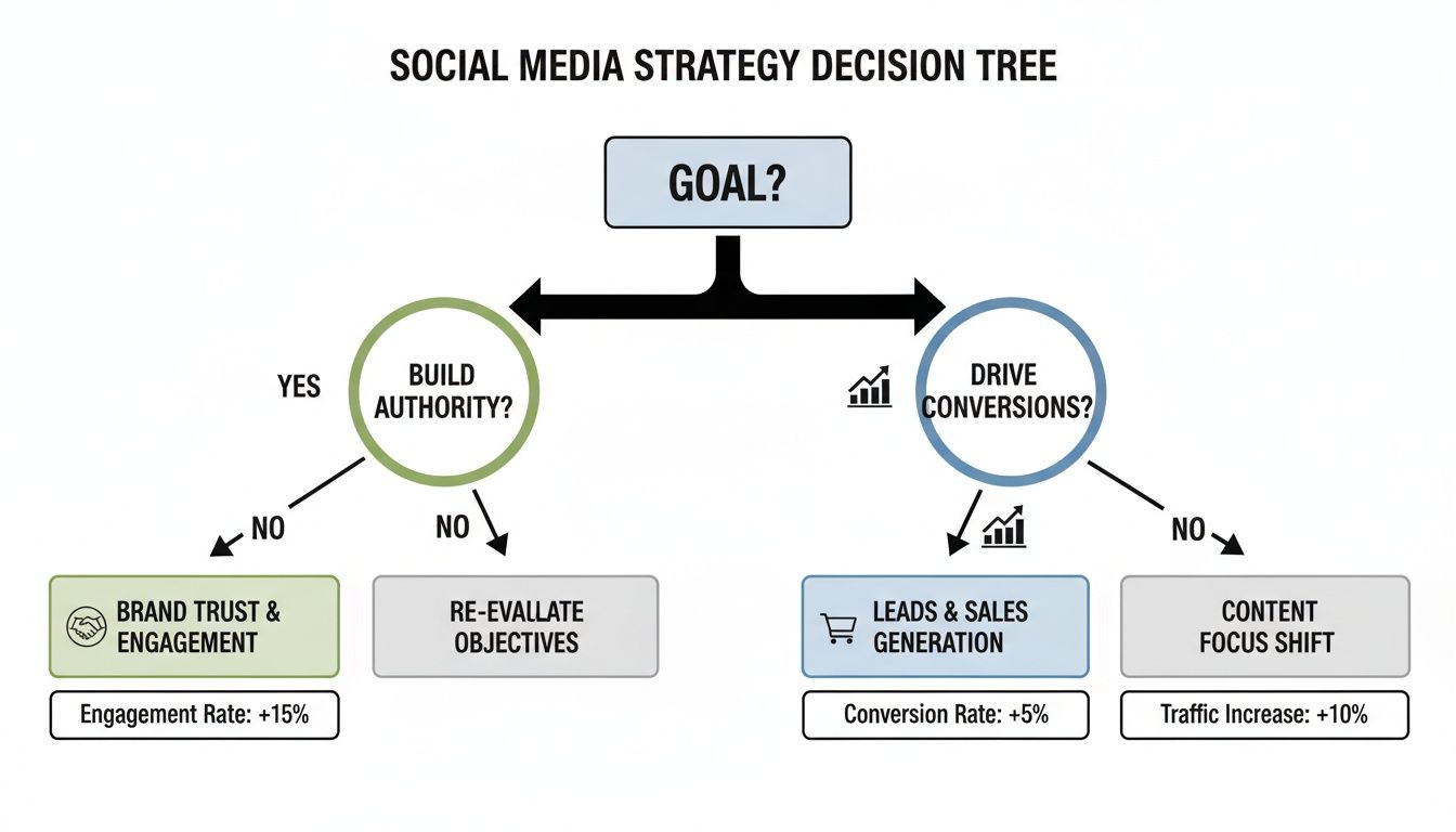 A social media strategy decision tree guiding choices for building authority or driving conversions with associated metrics.