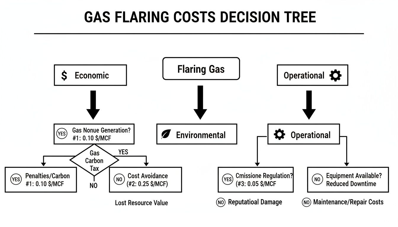 A decision tree diagram illustrating the economic, environmental, and operational costs and benefits of gas flaring.