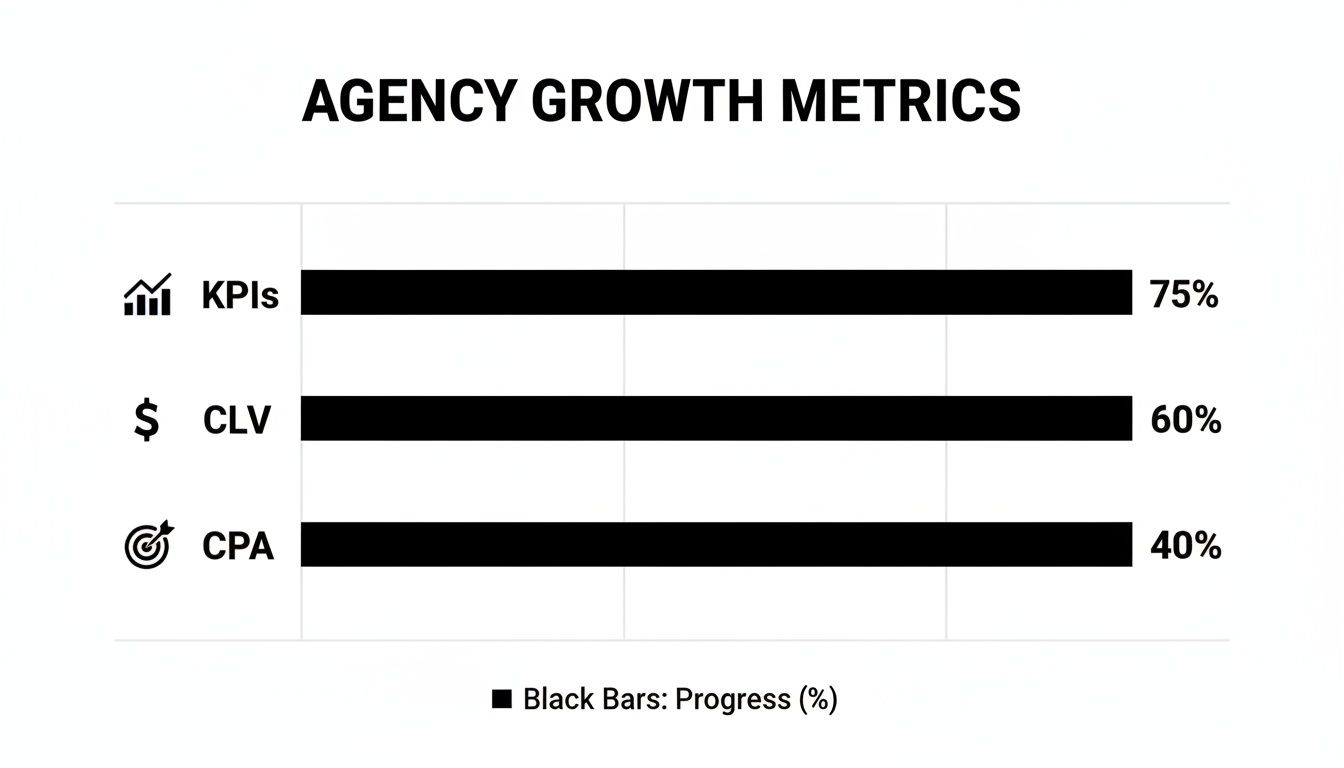 Horizontal bar chart showing agency growth metrics: KPIs (75%), CLV (60%), CPA (40%).