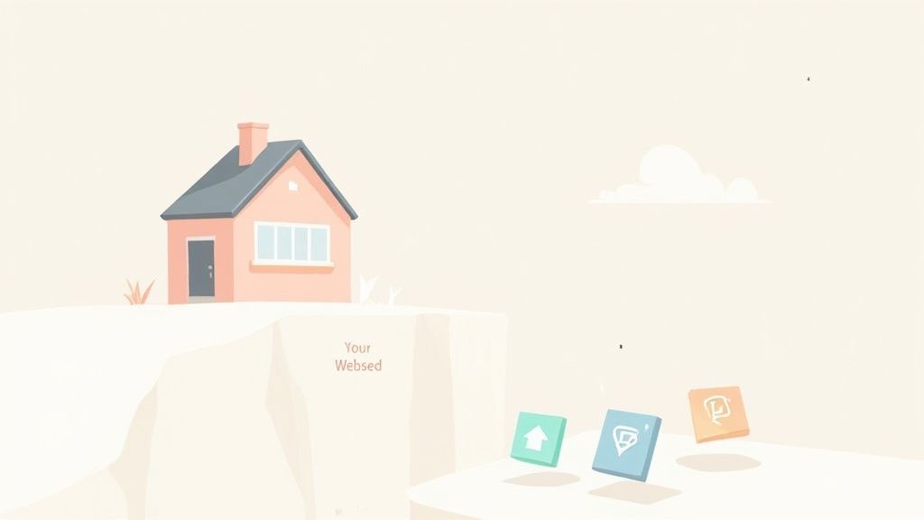 Illustrated pink house with gray roof and social media icons representing influencer online presence. This represents why building websites for influencers is crucial for brand ownership.