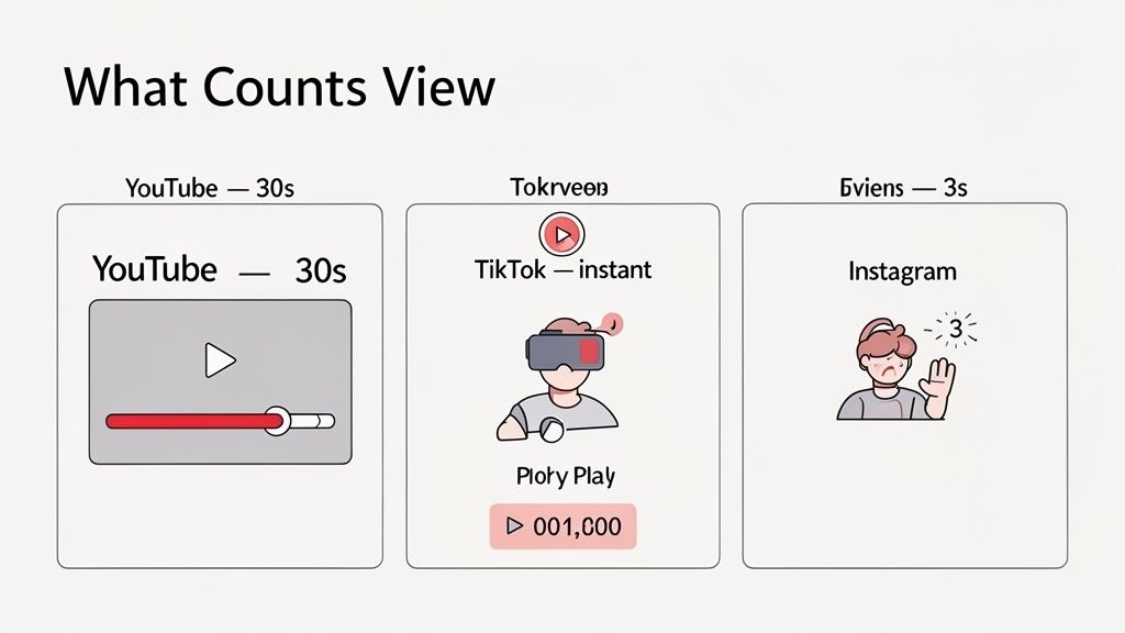 Illustration comparing how to calculate cost per view on YouTube, TikTok, and Instagram based on platform watch time definitions.