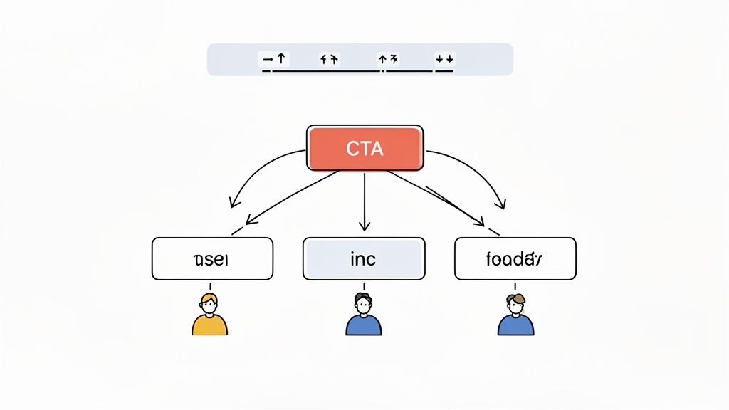 A flowchart showing a 'CTA' (Call To Action) concept branching out to three different user segments or actions, labeled 'usel', 'inc', and 'fooday', each represented by a person icon.
