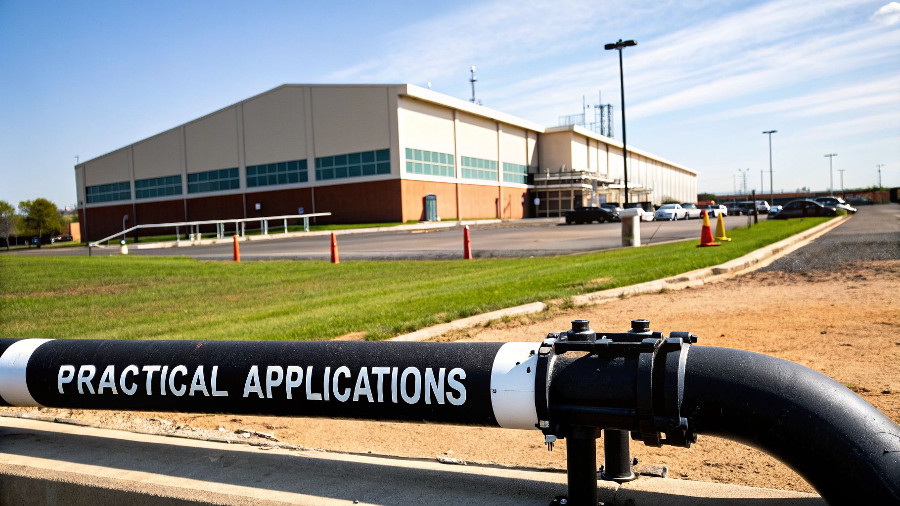 A large black pipe with "PRACTICAL APPLICATIONS" text, in front of an industrial building and parking lot.