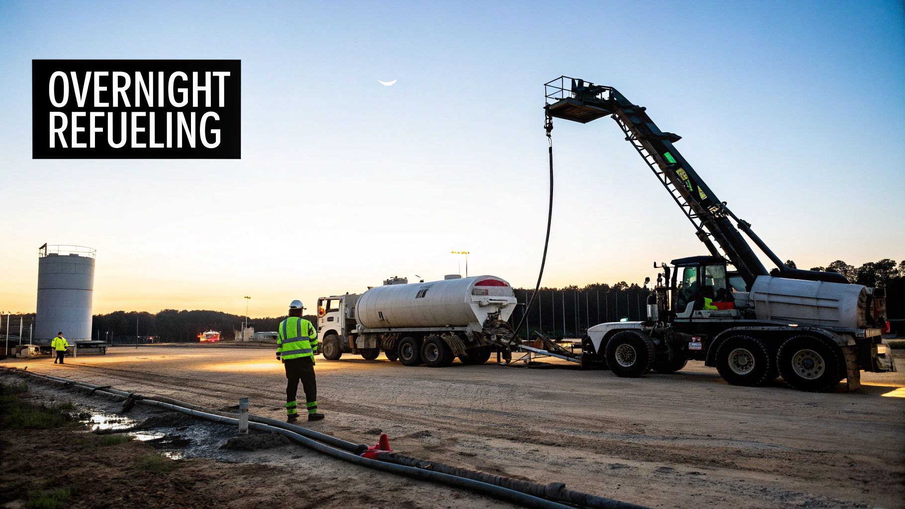 A mobile fueling truck servicing a large delivery van in a fleet yard at night.