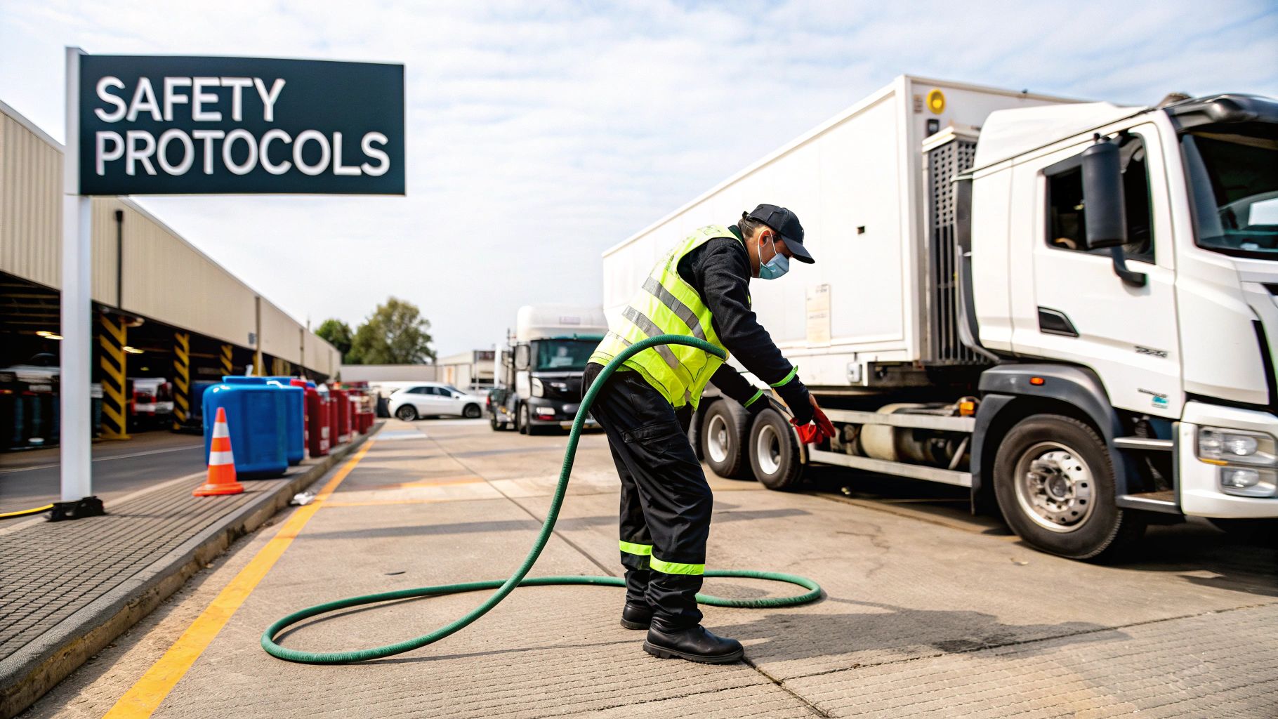 A delivery driver refueling a commercial van in a corporate parking lot.