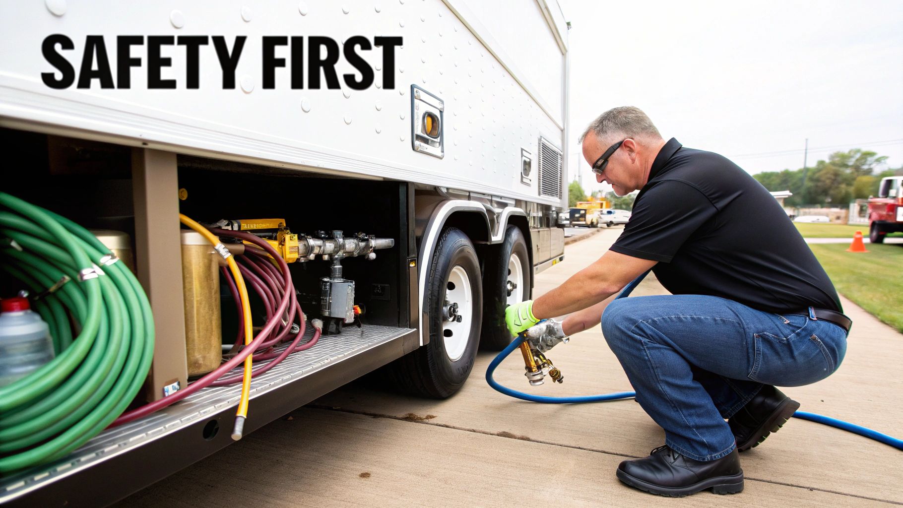 A certified technician inspecting the gauges and safety valves on a mobile CNG fueling unit.