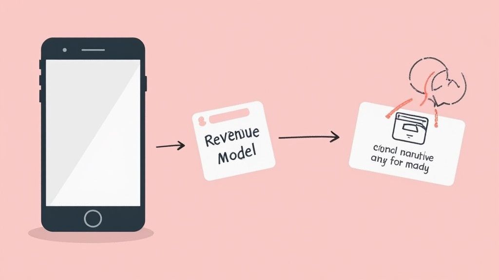 A diagram illustrating a smartphone linked to a 'Revenue Model' sticky note, then to a card with a browser icon.